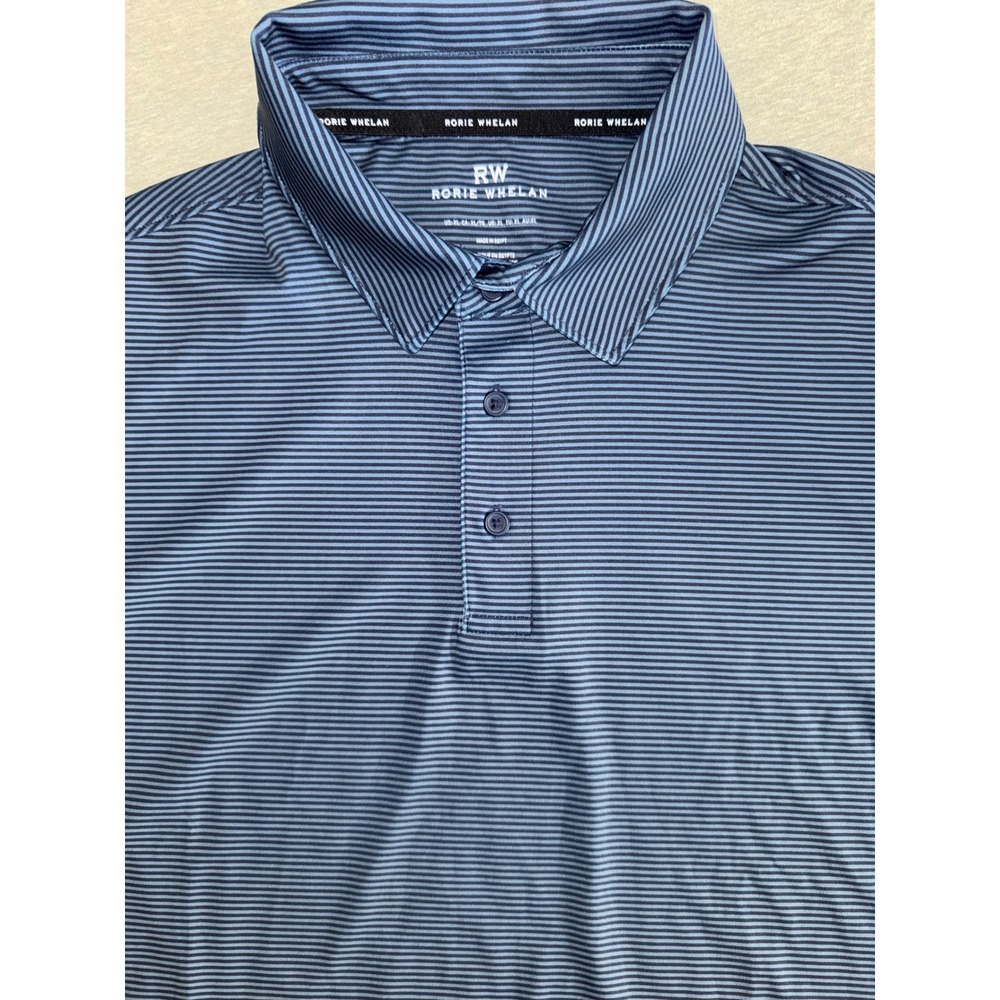 Rorie Whelan Mens Blue Striped Golf Shirt Size XL Performance Athletic Stretchy